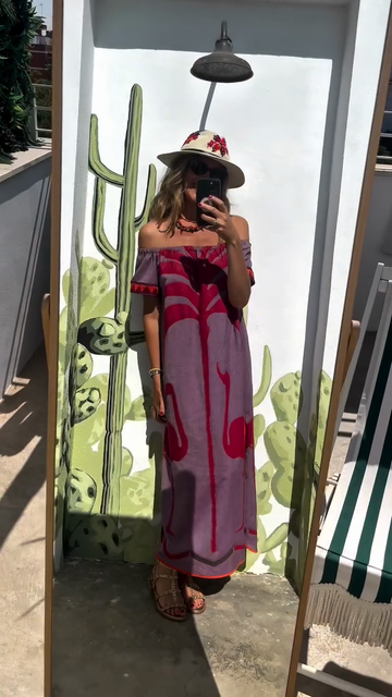 Purple Off - Shoulder Maxi Dress with Red Print