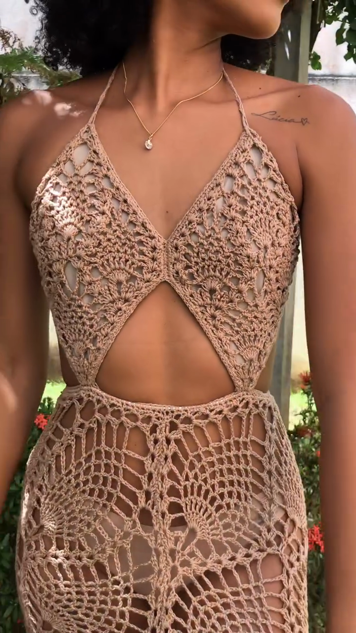 Beige Crochet Halterneck Cut - out Dress