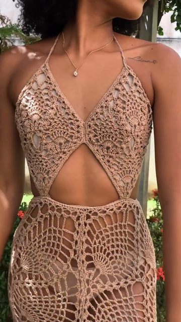 Beige Crochet Halterneck Cut - out Dress