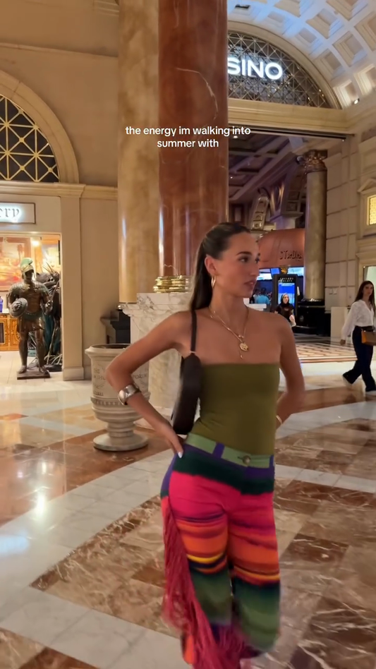 Colorful Striped Fringe Pants & Olive Tube Top Set