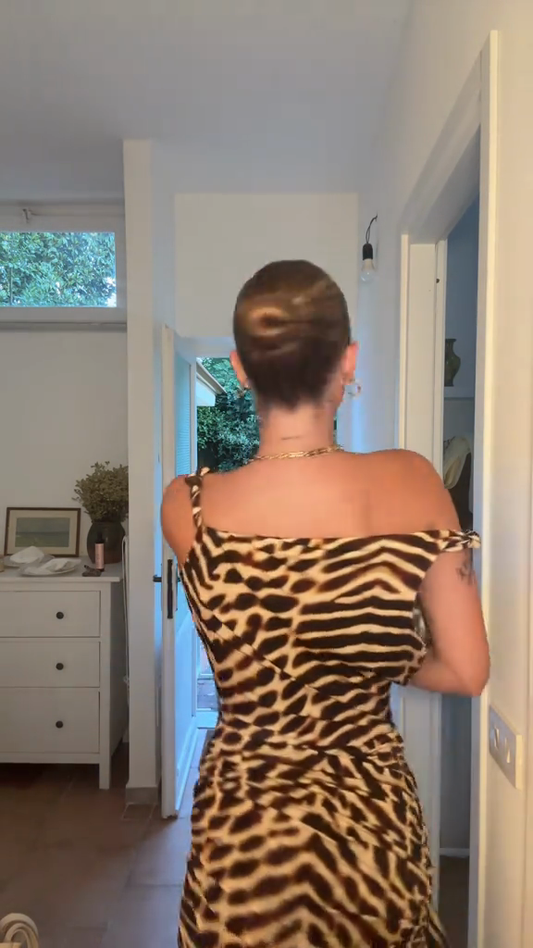 Leopard Print Asymmetric Off - Shoulder Dress