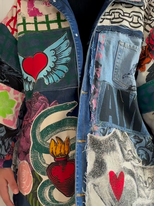 Graphic print patchwork denim jacket