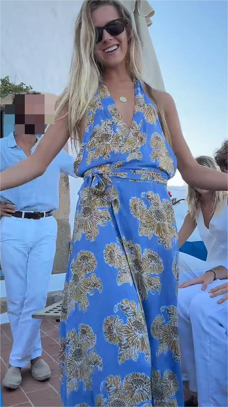 Blue Floral Print Open-Back Maxi Dress