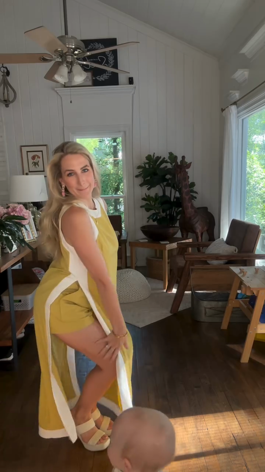 Yellow and White Sleeveless Midi Dress