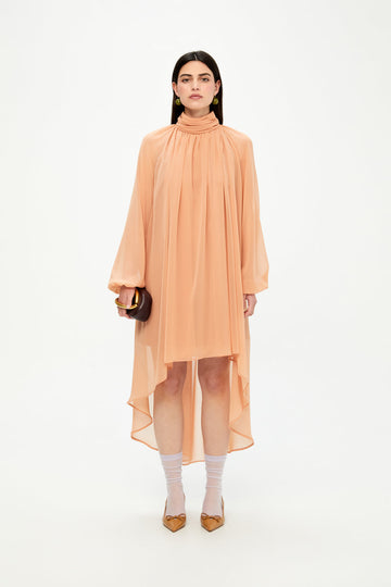 Peach - Colored High - Neck Chiffon Dress