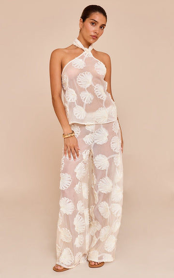 Sheer Floral Halter Top & Wide - Leg Pants Set