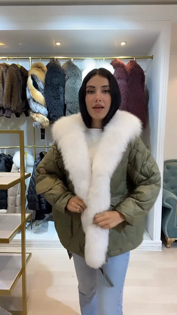 Olive Green Puffer Jacket with White Faux Fur Trim