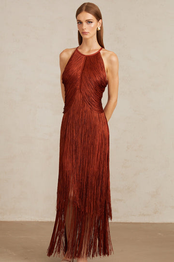 Reddish - Brown Halter Fringe Maxi Dress