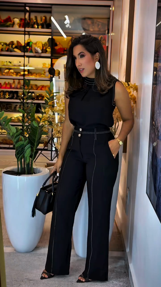 Black Sleeveless Top and Contrast - Stitched Wide - leg Pants Set