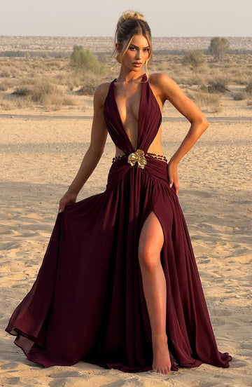 Halter V - neck Chiffon Maxi Dress