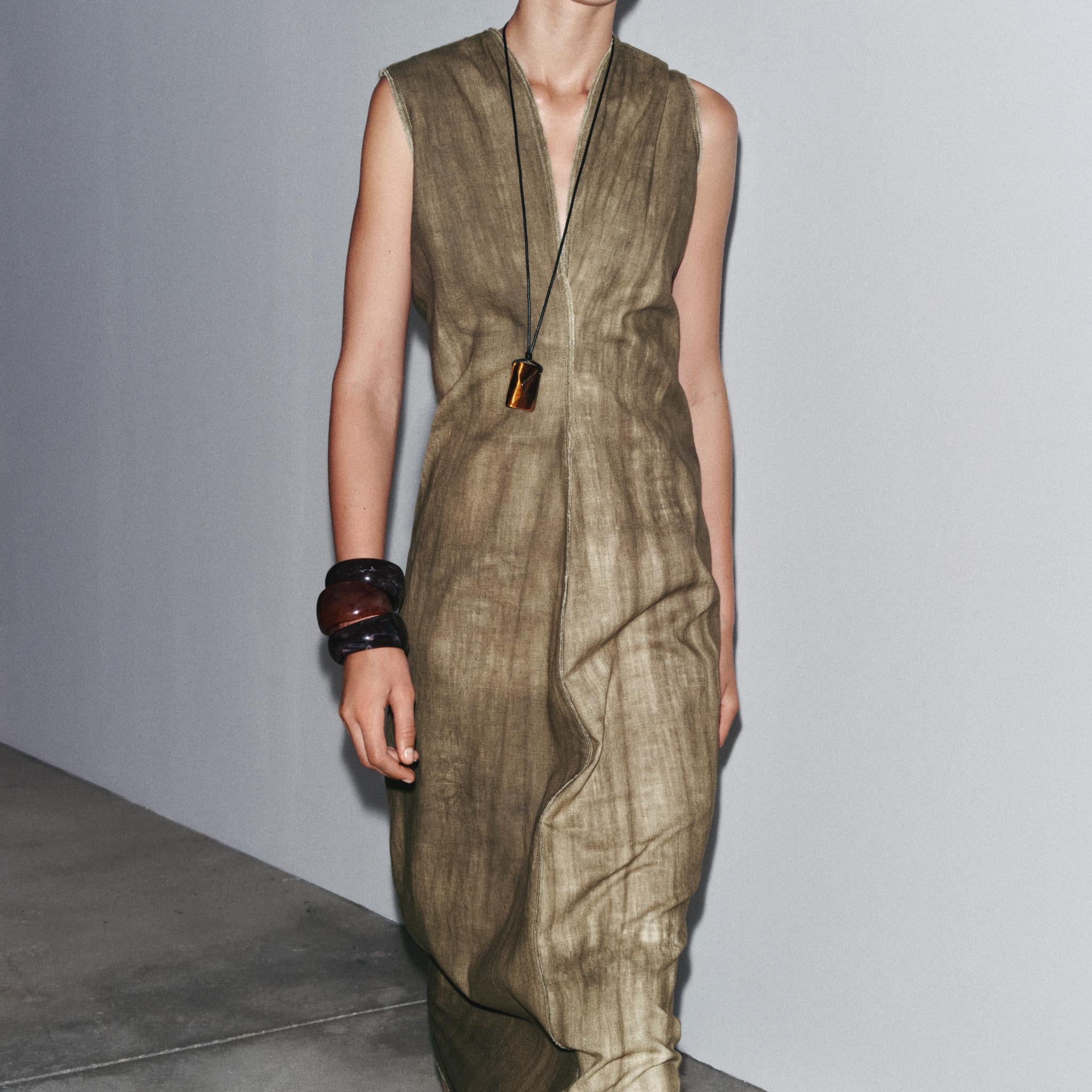 Olive Green Linen Sleeveless Midi Dress