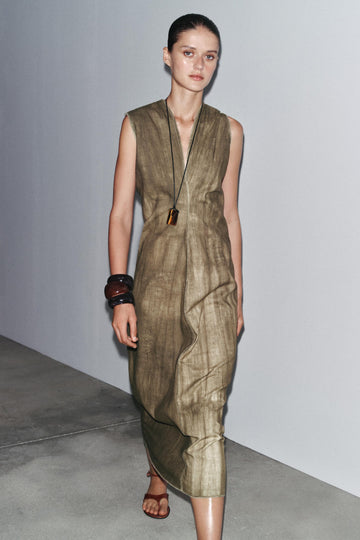 Olive Green Linen Sleeveless Midi Dress
