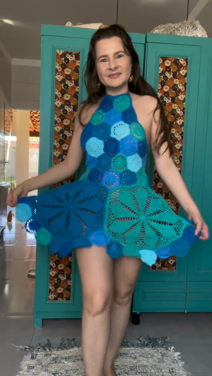 Blue Crochet Halter Mini Dress