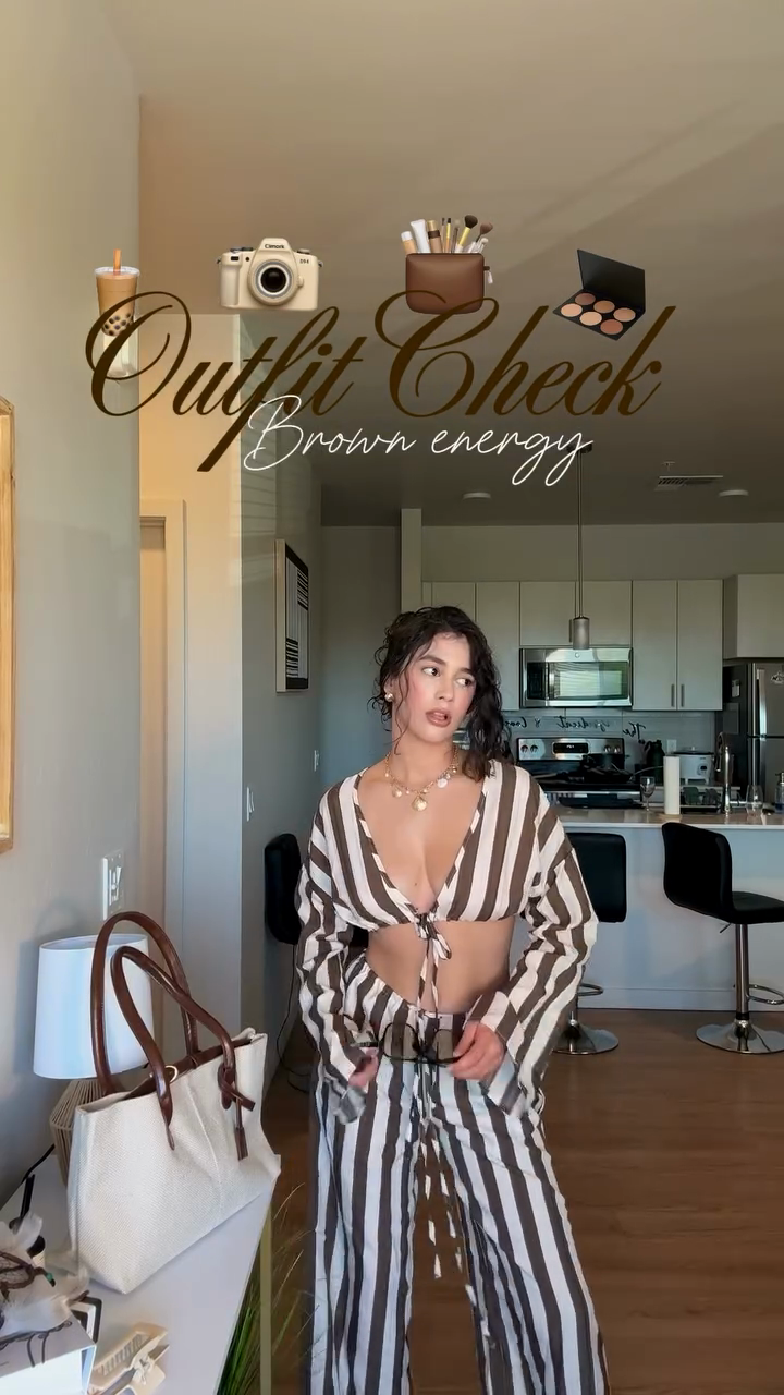 Brown - White Striped Crop Top & Pants Set