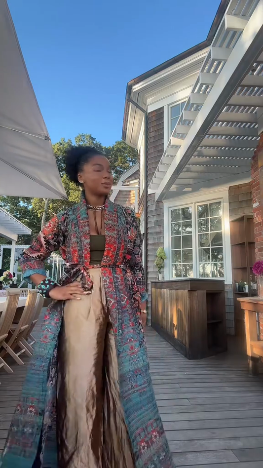 Patterned Long Coat with Wide Leg Trousers