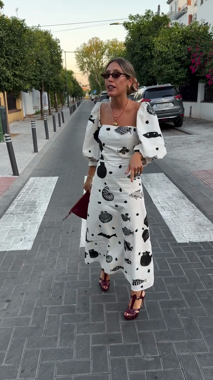 White Midi Dress with Black Marine - themed Print