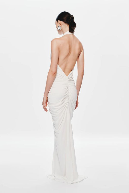 White Halter - Neck Deep V - Neck Ruched Maxi Dress