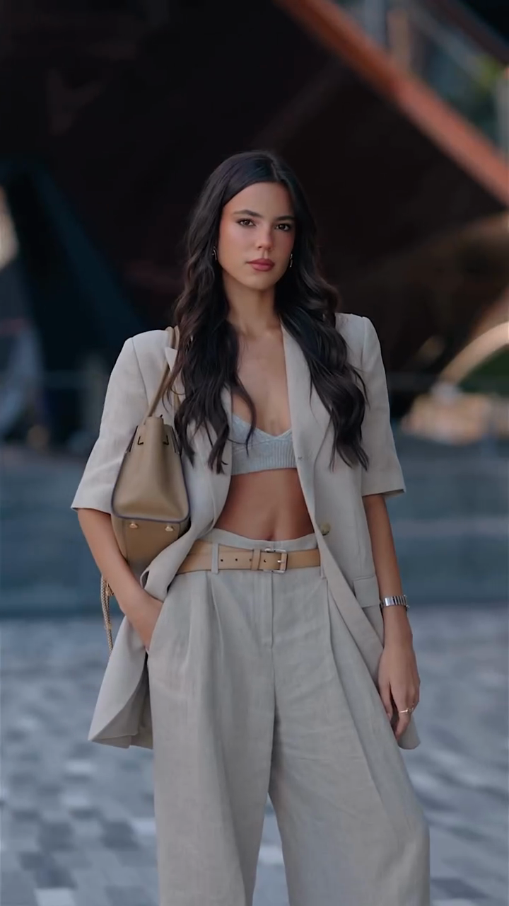 Beige three-piece suit (including cropped top)