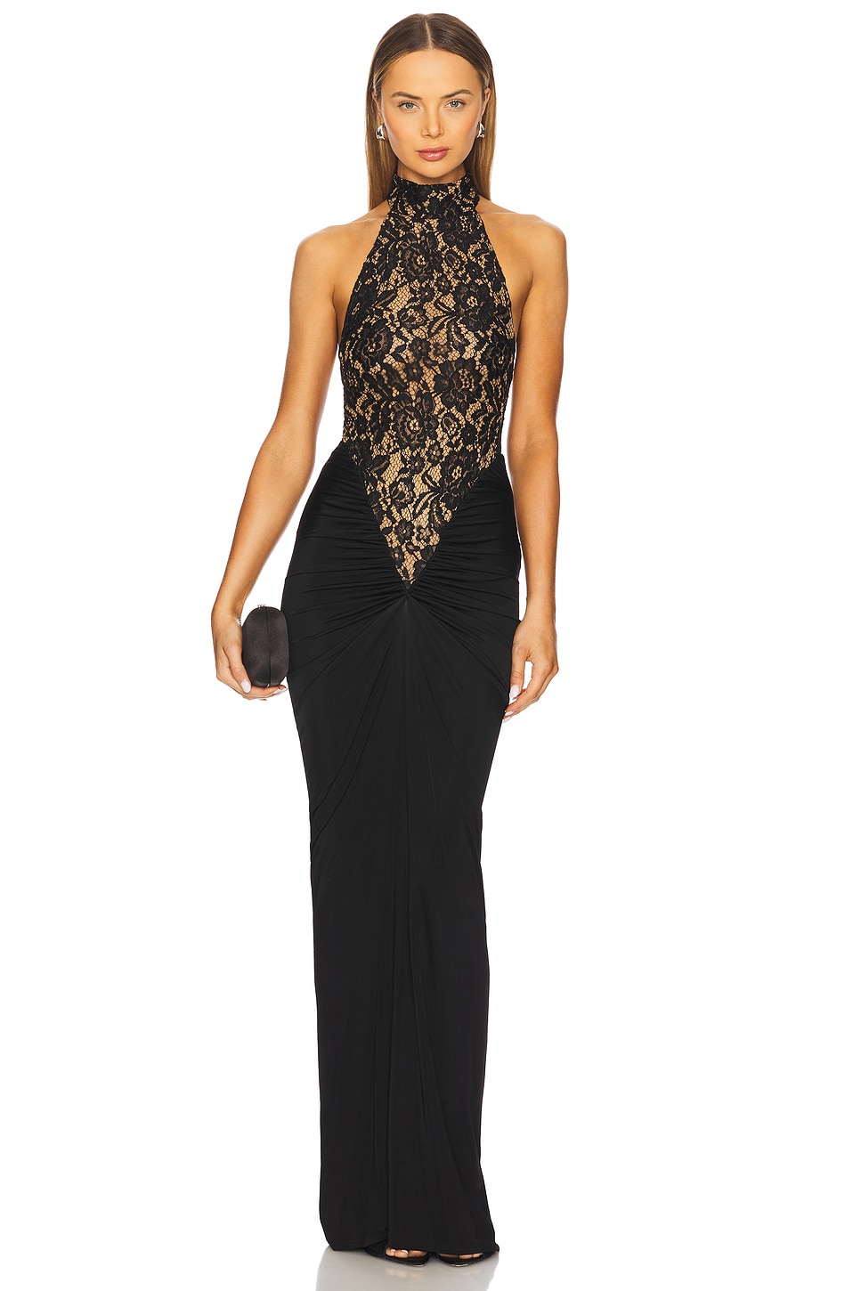 Black Halter Neck Lace - Paneled Maxi Dress