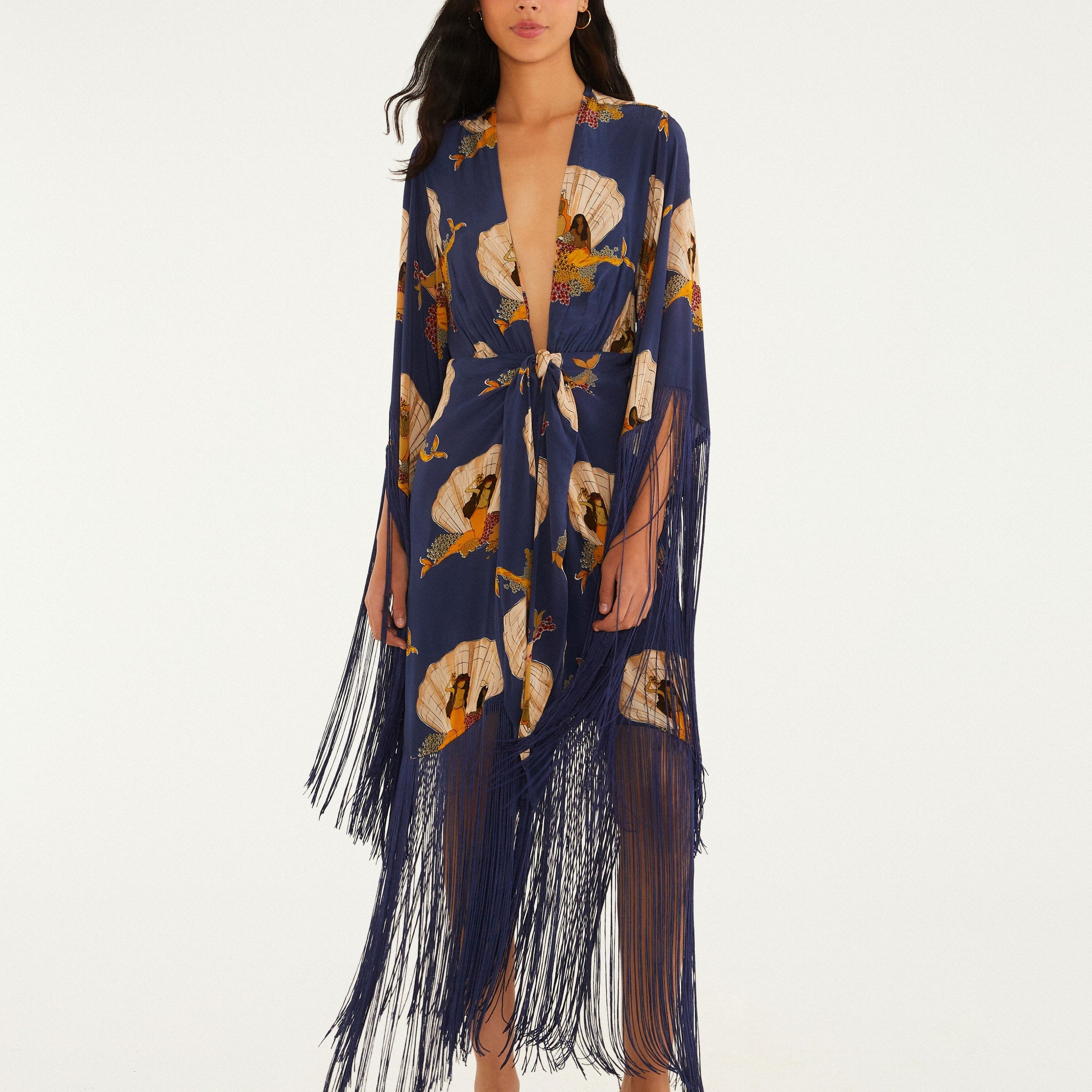 Navy Blue Printed Fringe - Trimmed Wrap Dress