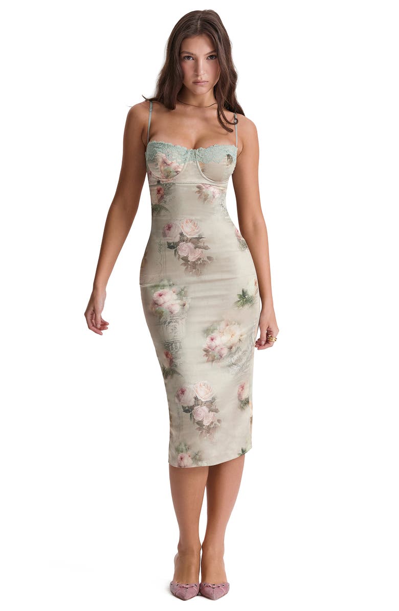 Floral Print Lace - Trimmed Midi Dress