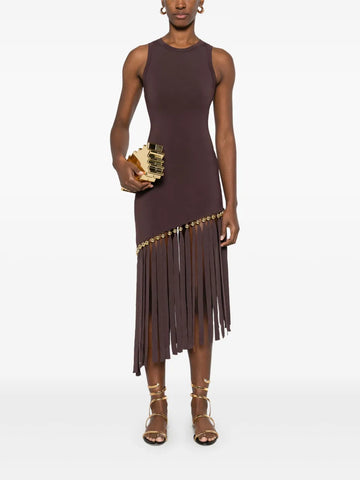 Brown Sleeveless Asymmetric Fringe Midi Dress