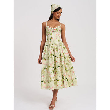 Light Green Floral Print Sweetheart - Neck Midi Dress