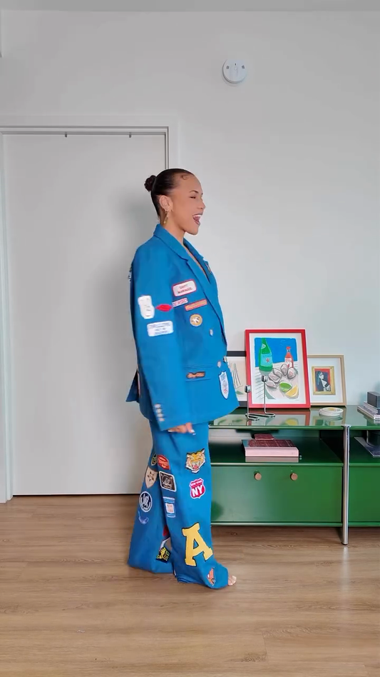 Patched Denim Blazer and Pants Set