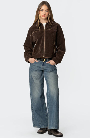 Brown Suede Studded Cropped Jacket