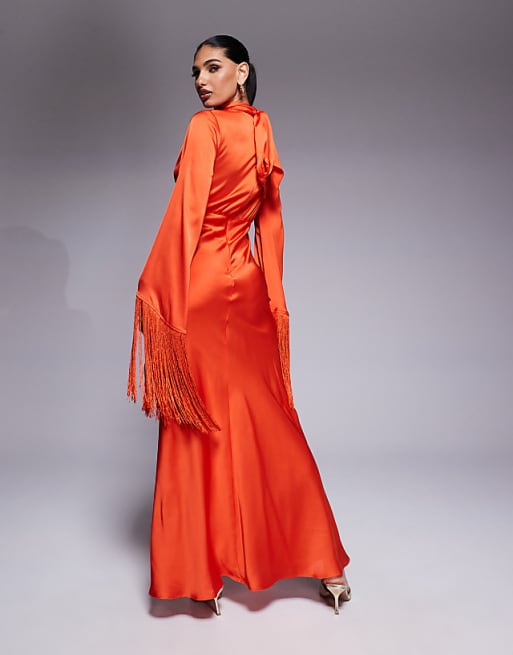 Orange satin fringe maxi skirt