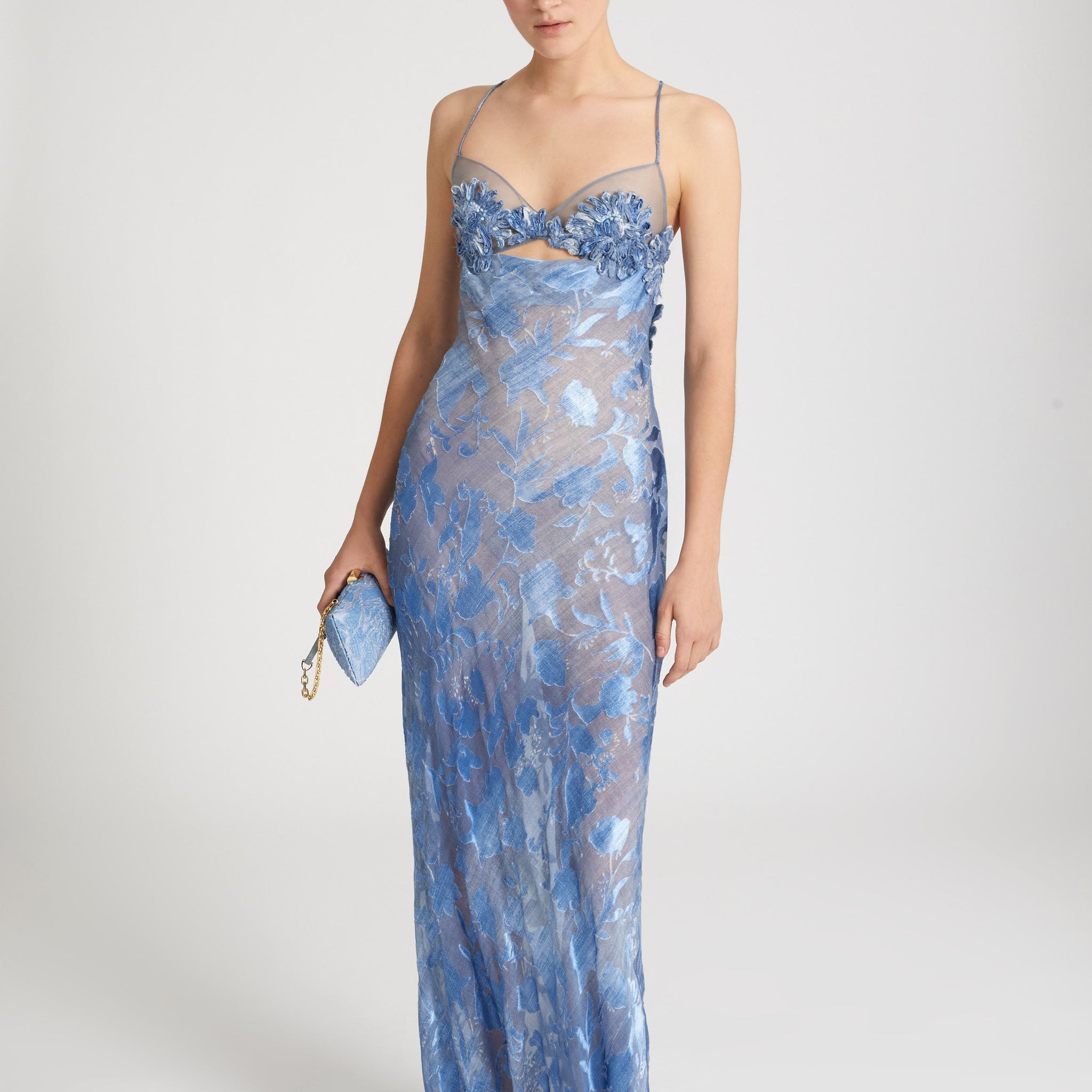 Blue Floral Print See-Through Mermaid Style Maxi Dress