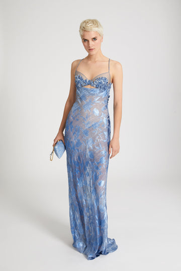 Blue Floral Print See-Through Mermaid Style Maxi Dress