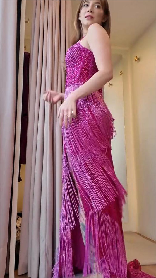 Hot Pink Beaded Fringe Maxi Dress