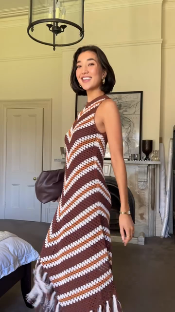 Brown and White Crochet Sleeveless Fringe Midi Dress