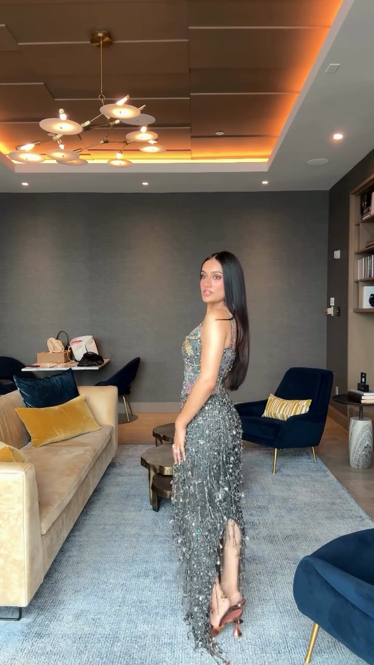 Silver Sequined Fringe Maxi Dress