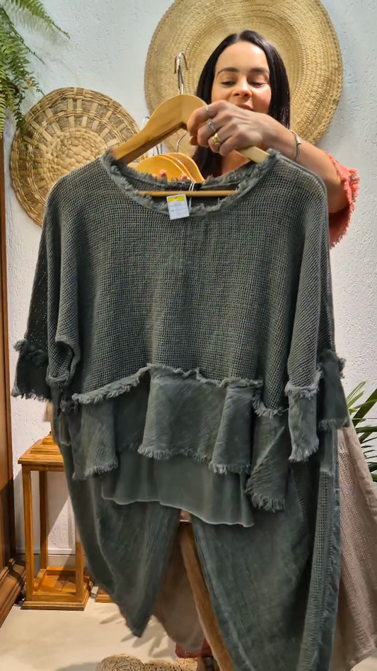 Colored Fringe - Trimmed Top and Pants Set