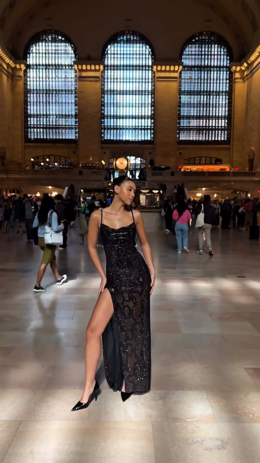 Black Glittery Spaghetti Strap Maxi Dress