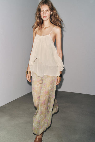 Beige Chiffon Layered Cami Top & Floral Print Wide - Leg Pants Set