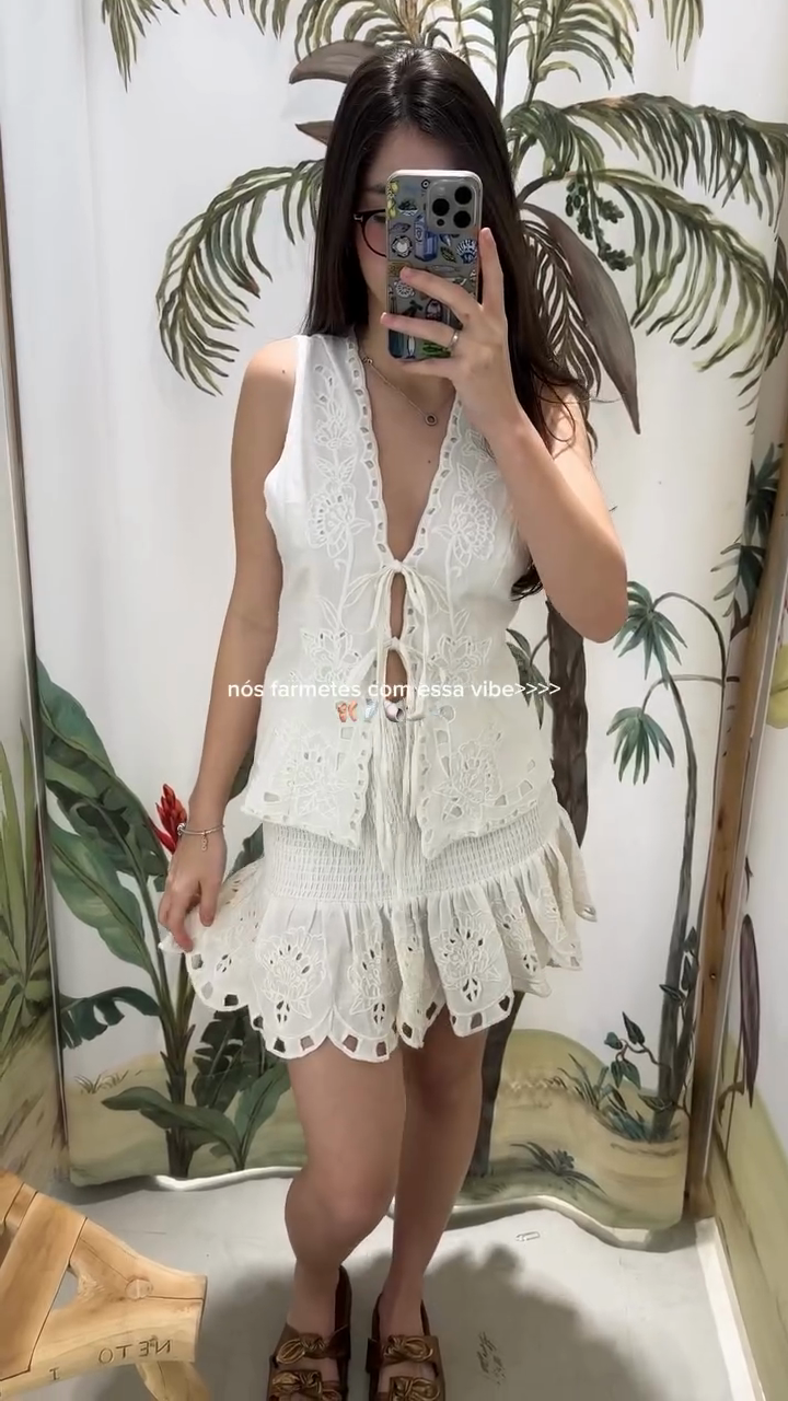 White Embroidered Sleeveless Top and Ruffled Skirt Set