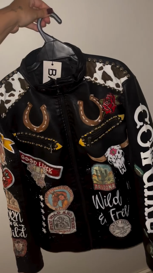 Black Embellished Western - Style Leather Jacket