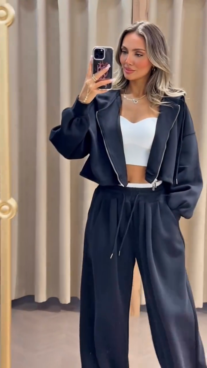 Cropped Hoodie & Wide-Leg Pants Set