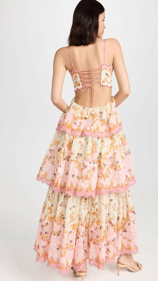 Pink and Cream Floral Print Tiered Maxi Dress