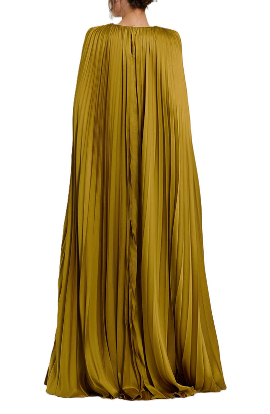 Pleated Olive  Green Cape  Sleeve Gown