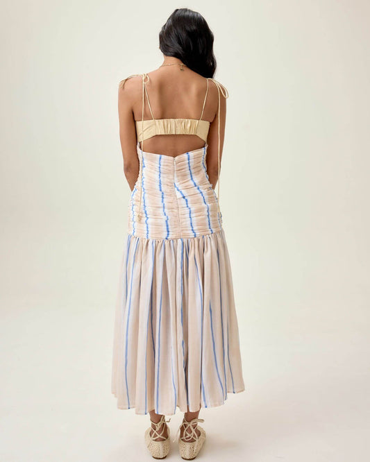 Beige and Blue Striped Midi Dress