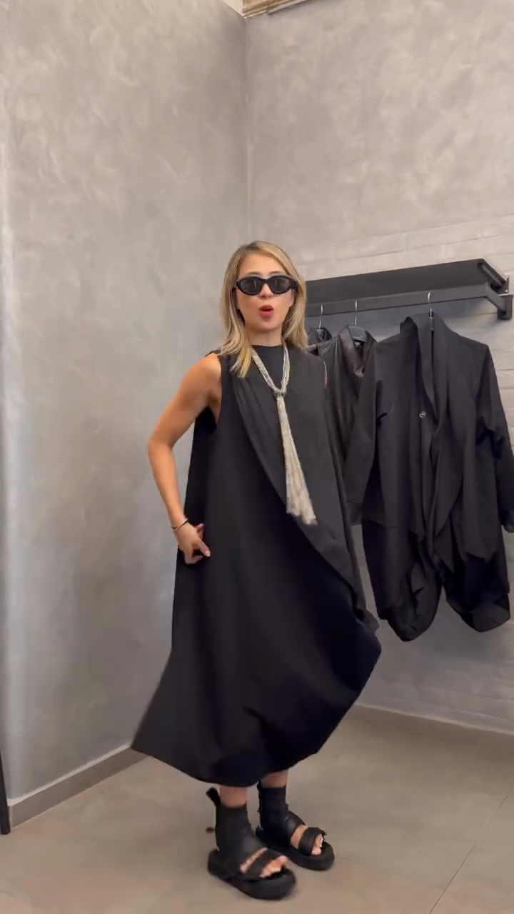 Black Sleeveless Asymmetrical Midi Dress