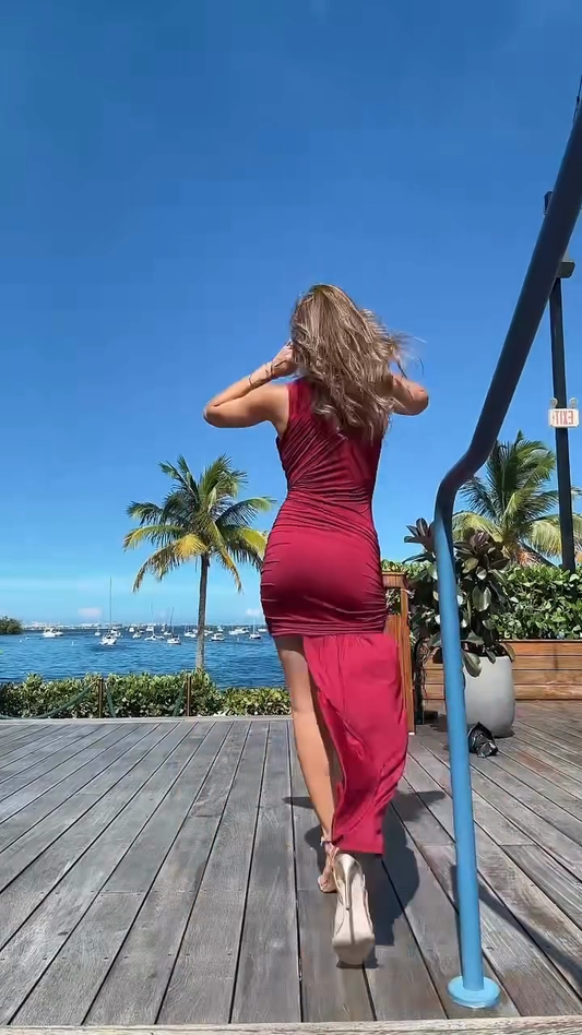 Burgundy One - Shoulder Asymmetric Ruched Dress