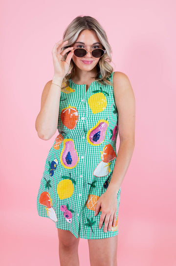 Green Gingham Fruit - Print Sleeveless Dress