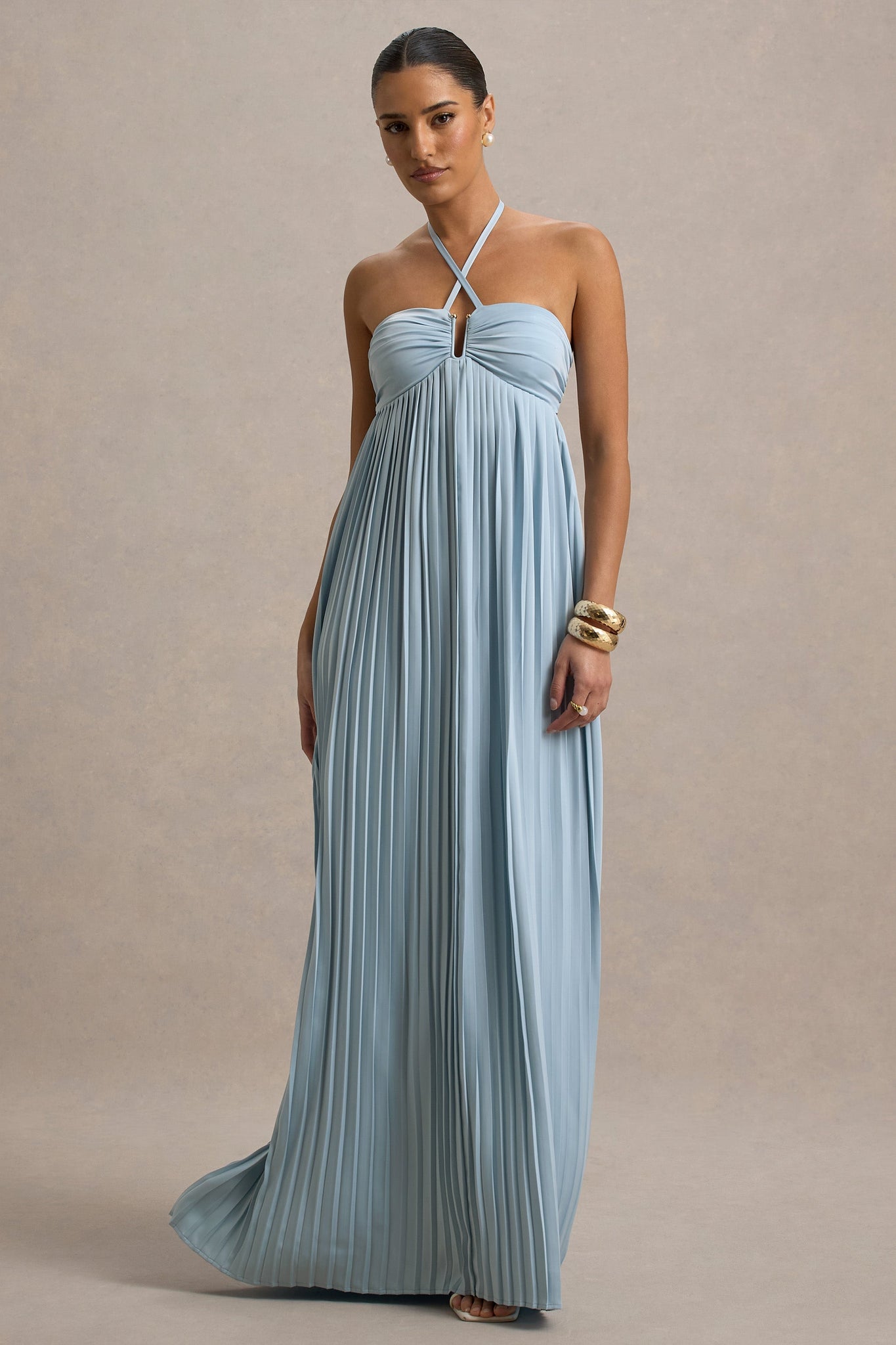 Light Blue Halter Neck Pleated Maxi Dress
