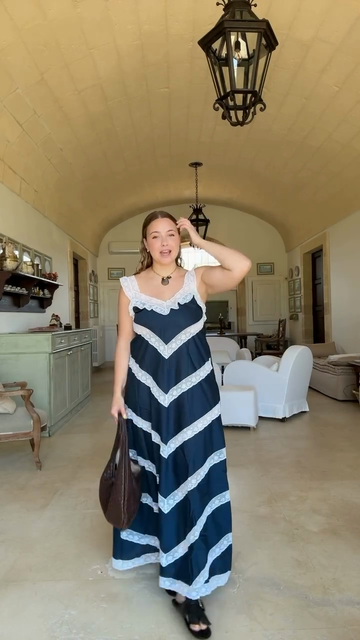 Navy Blue and White Striped Lace - Trimmed Maxi Dress