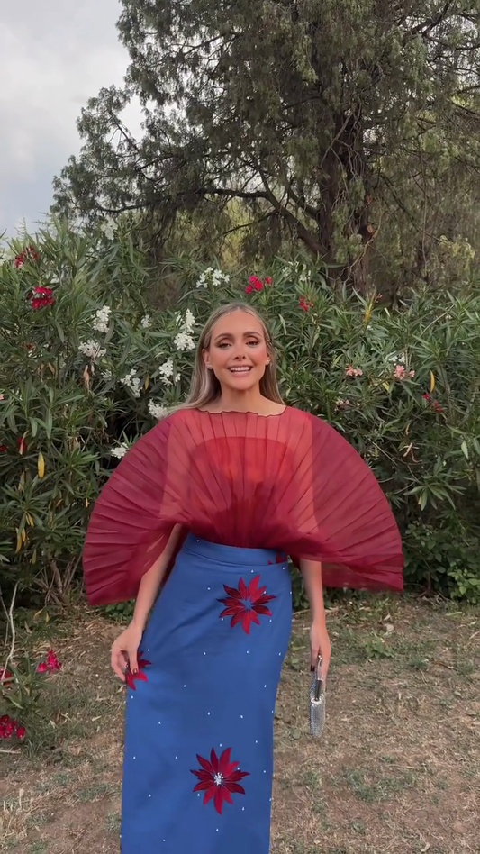 Red Sheer Top & Floral Blue Skirt Set